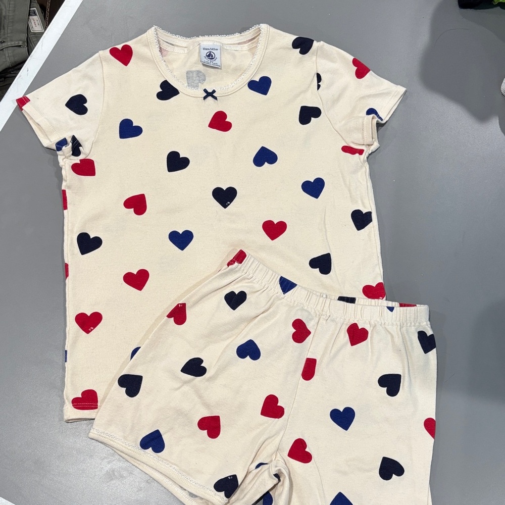Petit Bateau Cream Pajama Set with Red and Blue Hearts size 10 years